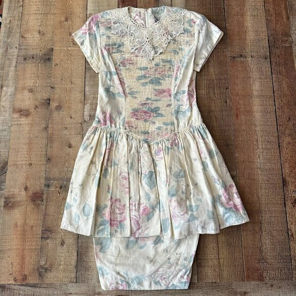 Donna Morgan Vintage 80's Floral Print Drop Waist Short Sleeve Midi Dress -7/8 - Picture 1 of 10